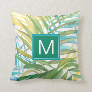 Monogram Tropical Palm Leaves Throw Pillow