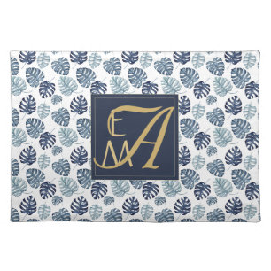 Monogram Tropical Palm Navy Blue Gold Wedding Cloth Placemat