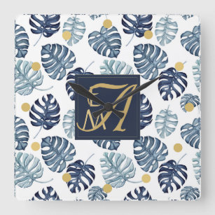 Monogram Tropical Palm Navy Blue Gold Wedding Square Wall Clock