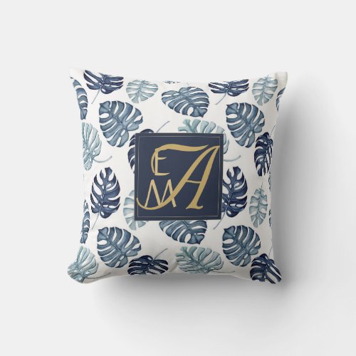 Monogram Tropical Palm Navy Blue Gold Wedding Throw Pillow