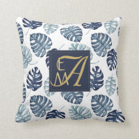 Monogram Tropical Palm Navy Blue Gold Wedding Throw Pillow