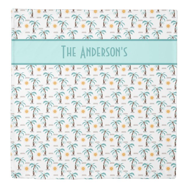 Monogram Tropical Palm Trees Sunshine Yellow Teal  Duvet Cover (Front)