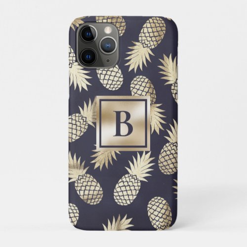 Monogram Tropical Pineapple Girly Gold Navy iPhone 11 Pro Case