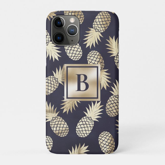 Monogram Tropical Pineapple Girly Gold Navy Case-Mate iPhone Case (Back)