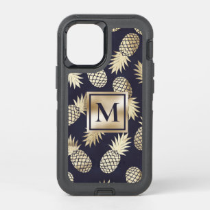 Monogram Tropical Pineapple Girly Gold Navy OtterBox Defender iPhone 12 Mini Case
