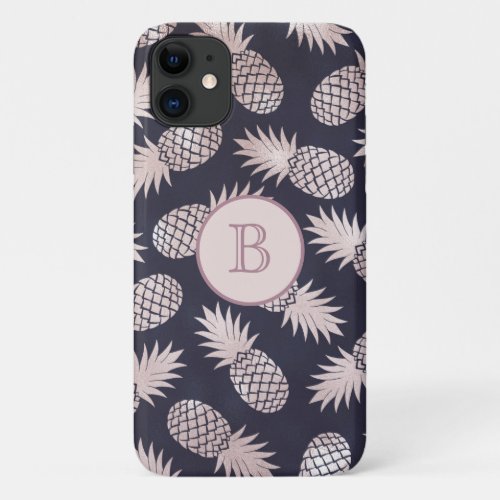 Monogram Tropical Pineapple Girly Rose Gold Navy iPhone 11 Case