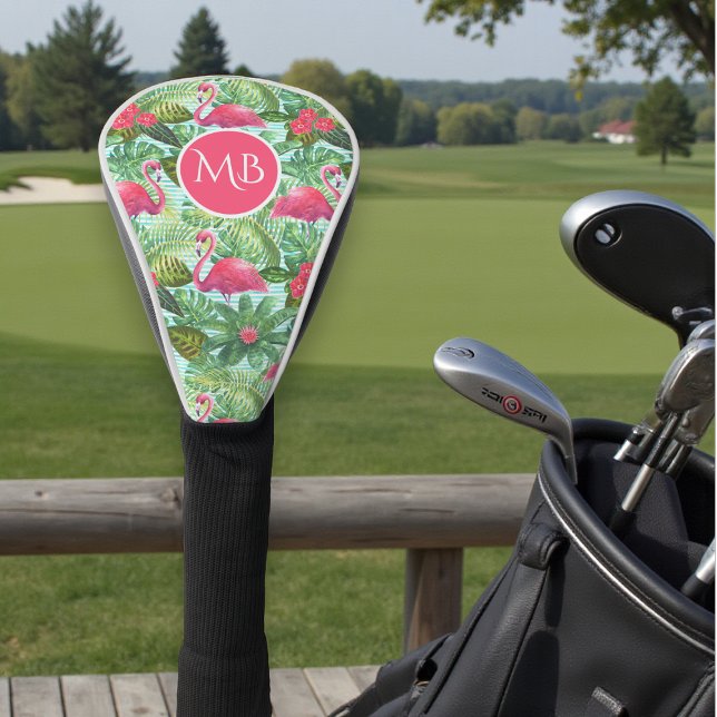 Monogram Tropical Pink Flamingo Floral Girly Golf Head Cover (Creator Uploaded)
