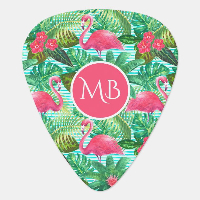 Monogram Tropical Pink Flamingo Floral Girly Guitar Pick (Front)