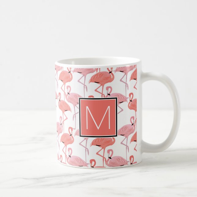 Monogram | Tropical Pink Flamingoes Coffee Mug (Right)