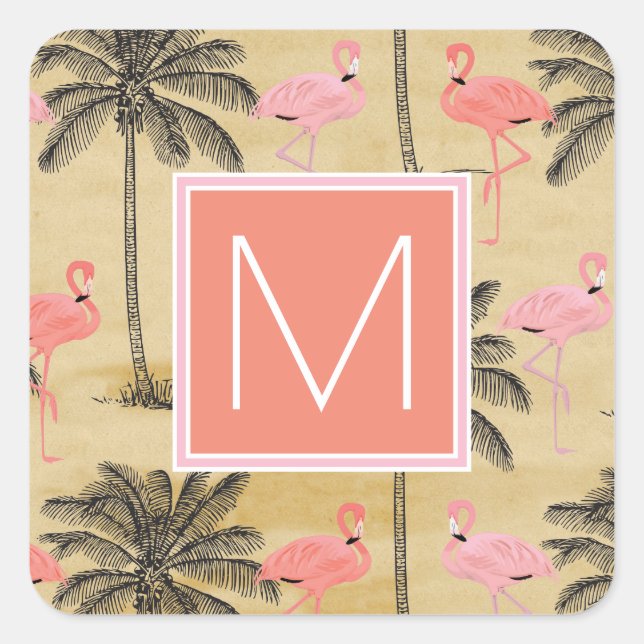 Monogram | Tropical Pink Flamingoes Square Sticker (Front)
