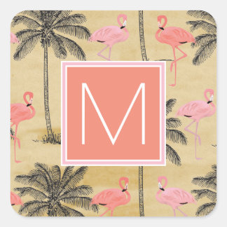 Monogram | Tropical Pink Flamingoes Square Sticker