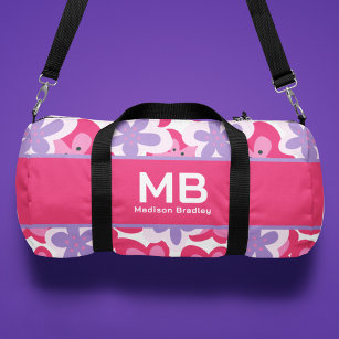 Monogram Tropical Pink Floral Personalized Name Duffle Bag