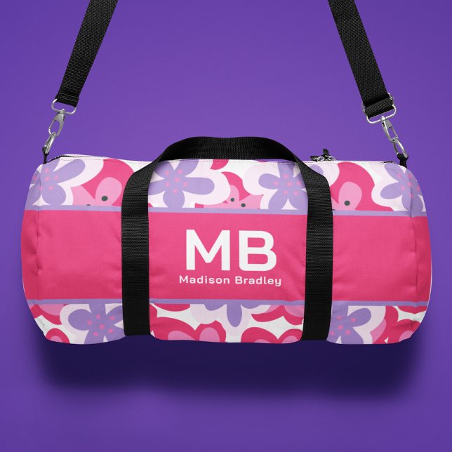 Monogram Tropical Pink Floral Personalized Name Duffle Bag (Creator Uploaded)