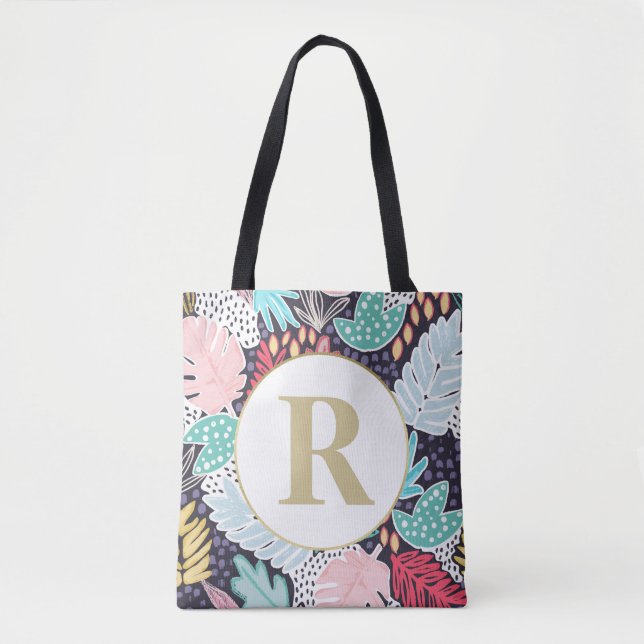 Monogram Tropical Shapes Collage Pattern Tote Bag (Front)