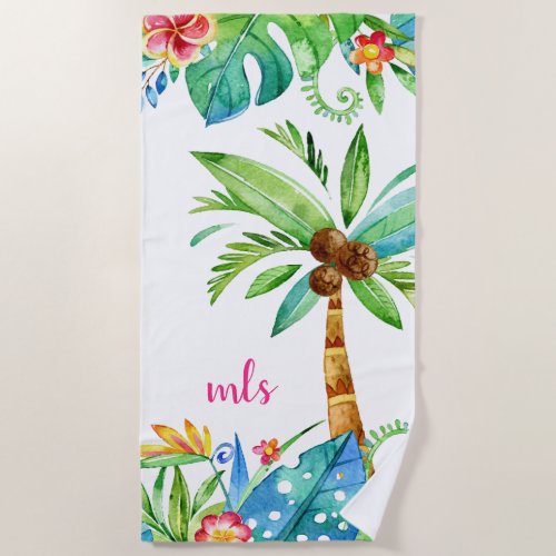 Monogram Tropical Teal Pink Floral Palm Trees Beach Towel