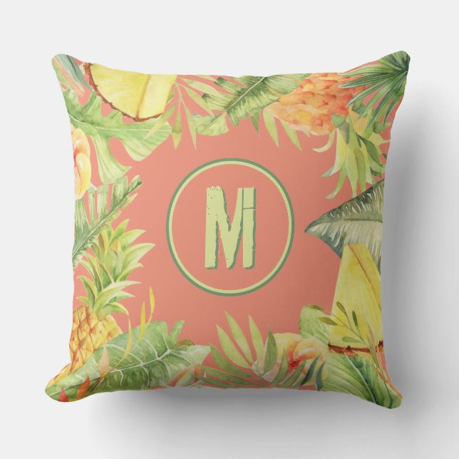 Monogram Tropical Watercolor Flowers Outdoor Pillow (Front)