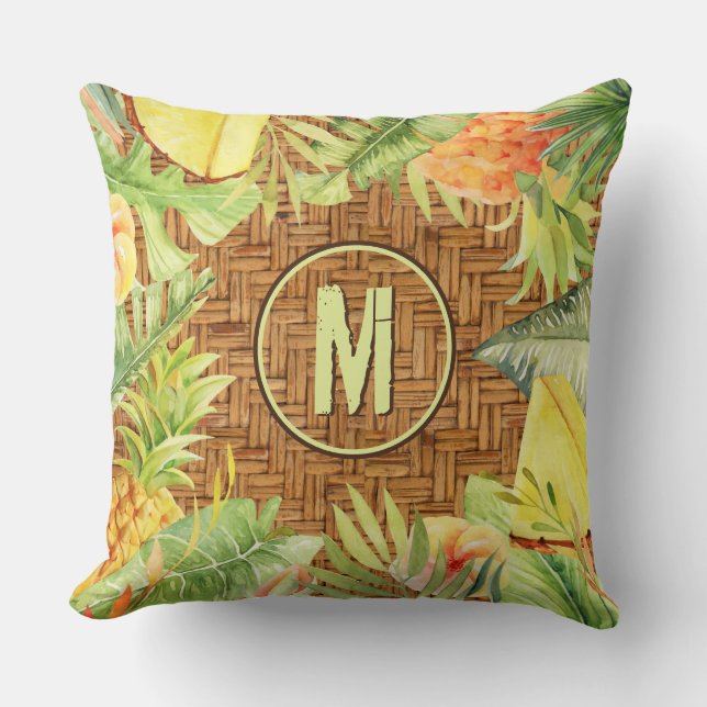 Monogram Tropical Watercolor Foral Throw Pillow (Front)