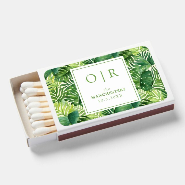 Monogram Tropical Wedding Favor Matchboxes (Front Open)