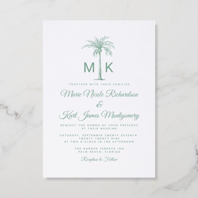 Monogram Tropical Wedding Letterpress Invitation (Front)