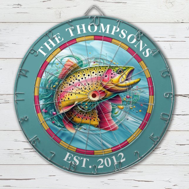 Monogram Trout Fly Fisherman Dart Board (A sporty trout is featured on the fishing themed dartboard. Makes a great gift for a fisherman.)