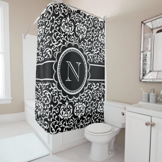 Monogram Tudor Garden Damask Elegant Black White Shower Curtain