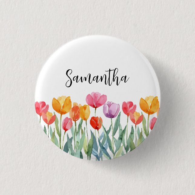 Monogram Tulips Spring Flowers Colorful & Cheerful Button (Front)
