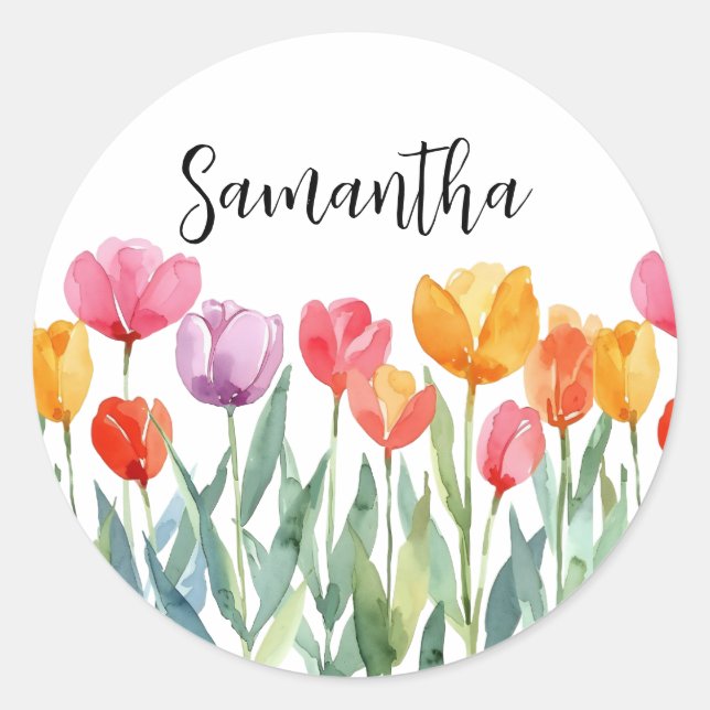Monogram Tulips Spring Flowers Colorful & Cheerful Classic Round Sticker (Front)