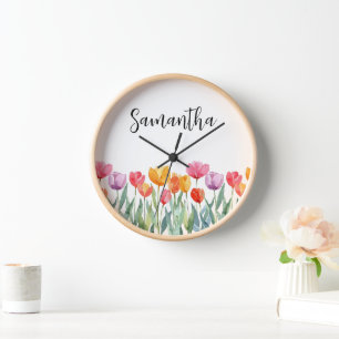 Monogram Tulips Spring Flowers Colorful & Cheerful Clock