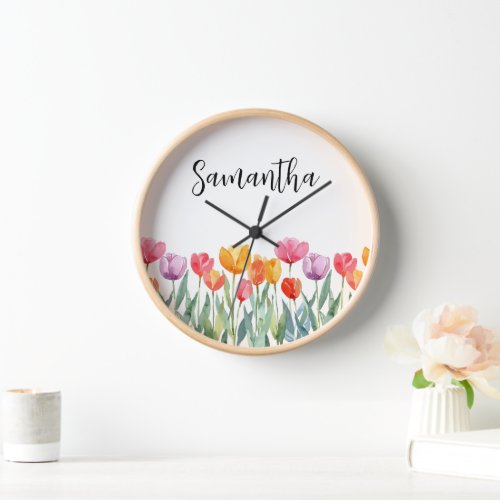 Monogram Tulips Spring Flowers Colorful  Cheerful Clock