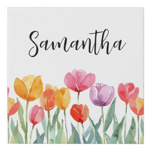 Monogram Tulips Spring Flowers Colorful & Cheerful Faux Canvas Print