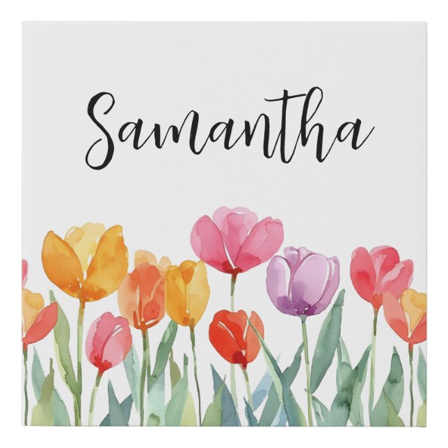 Monogram Tulips Spring Flowers Colorful & Cheerful Faux Canvas Print (Front)