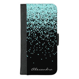 Monogram Turquoise and Black Glitter Sparkle iPhone 8/7 Plus Wallet Case