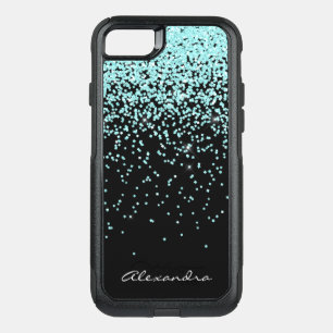 Monogram Turquoise and Black Glitter Sparkle OtterBox Commuter iPhone SE/8/7 Case