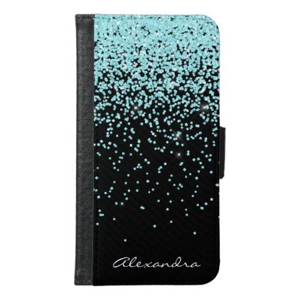 Monogram Turquoise and Black Glitter Sparkle Samsung Galaxy S6 Wallet Case