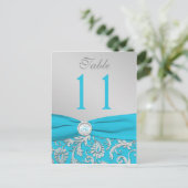 Monogram Turquoise and Silver Damask Table Number (Standing Front)