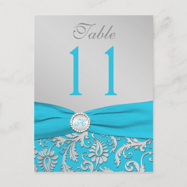 Monogram Turquoise and Silver Damask Table Number (Front)