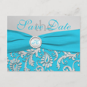 Monogram Turquoise and Silver Save the Date Card