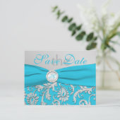 Monogram Turquoise and Silver Save the Date Card (Standing Front)