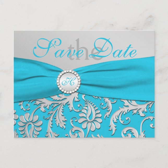 Monogram Turquoise and Silver Save the Date Card (Front)