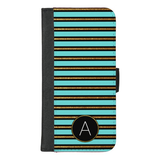 Monogram Turquoise, Black and Gold Foil Striped iPhone Wallet Case (Front)
