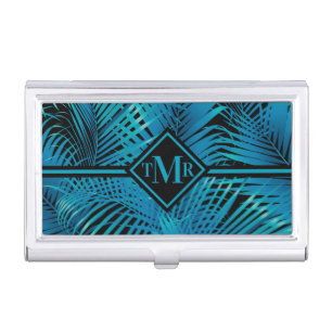Monogram Turquoise Black Palms Business Card Case