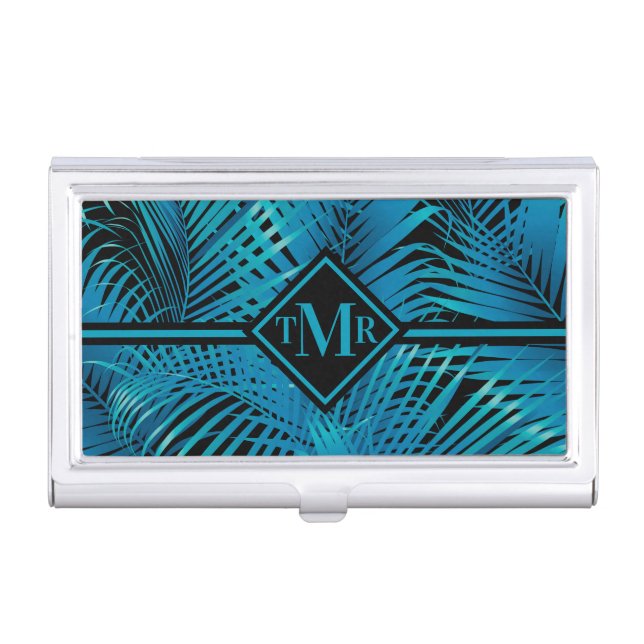 Monogram Turquoise Black Palms Business Card Case (Front)