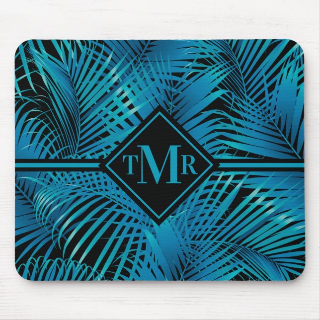 Monogram Turquoise Black Palms Mouse Pad (Front)