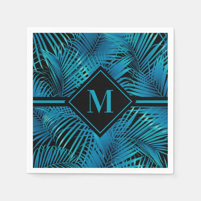 Monogram Turquoise Black Palms Napkins (Front)