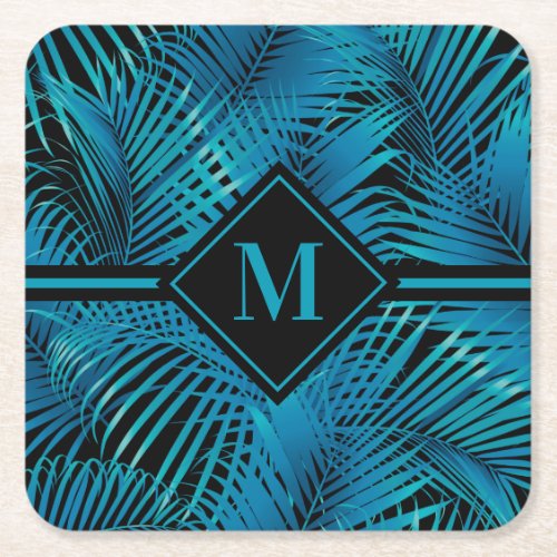 Monogram Turquoise Black Palms Square Paper Coaster