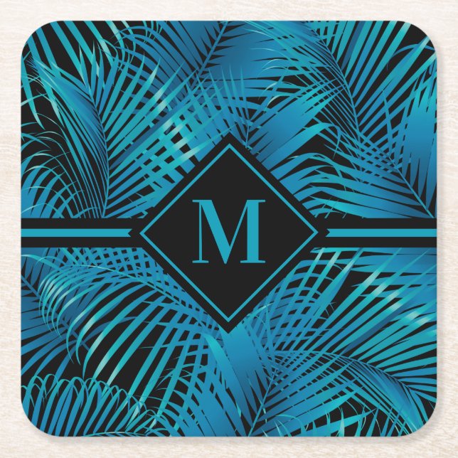 Monogram Turquoise Black Palms Square Paper Coaster (Front)