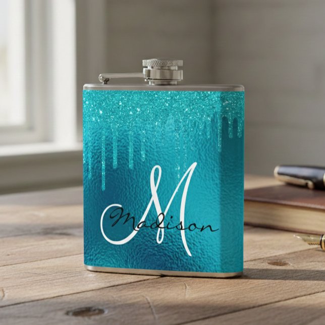 Monogram Turquoise Blue Glitter Drips Girly Flask (Creator Uploaded)
