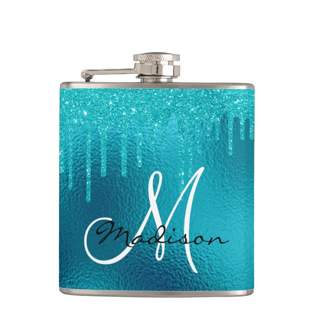 Monogram Turquoise Blue Glitter Drips Girly Flask (Front)