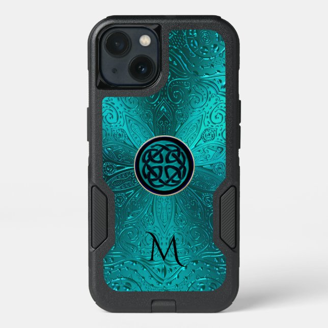Monogram Turquoise Blue Green Celtic Knot Mandala Otterbox iPhone Case (Back)