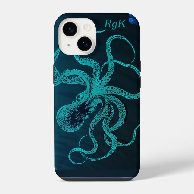 Monogram Turquoise & Blue Octopus Iphone Case (Back)